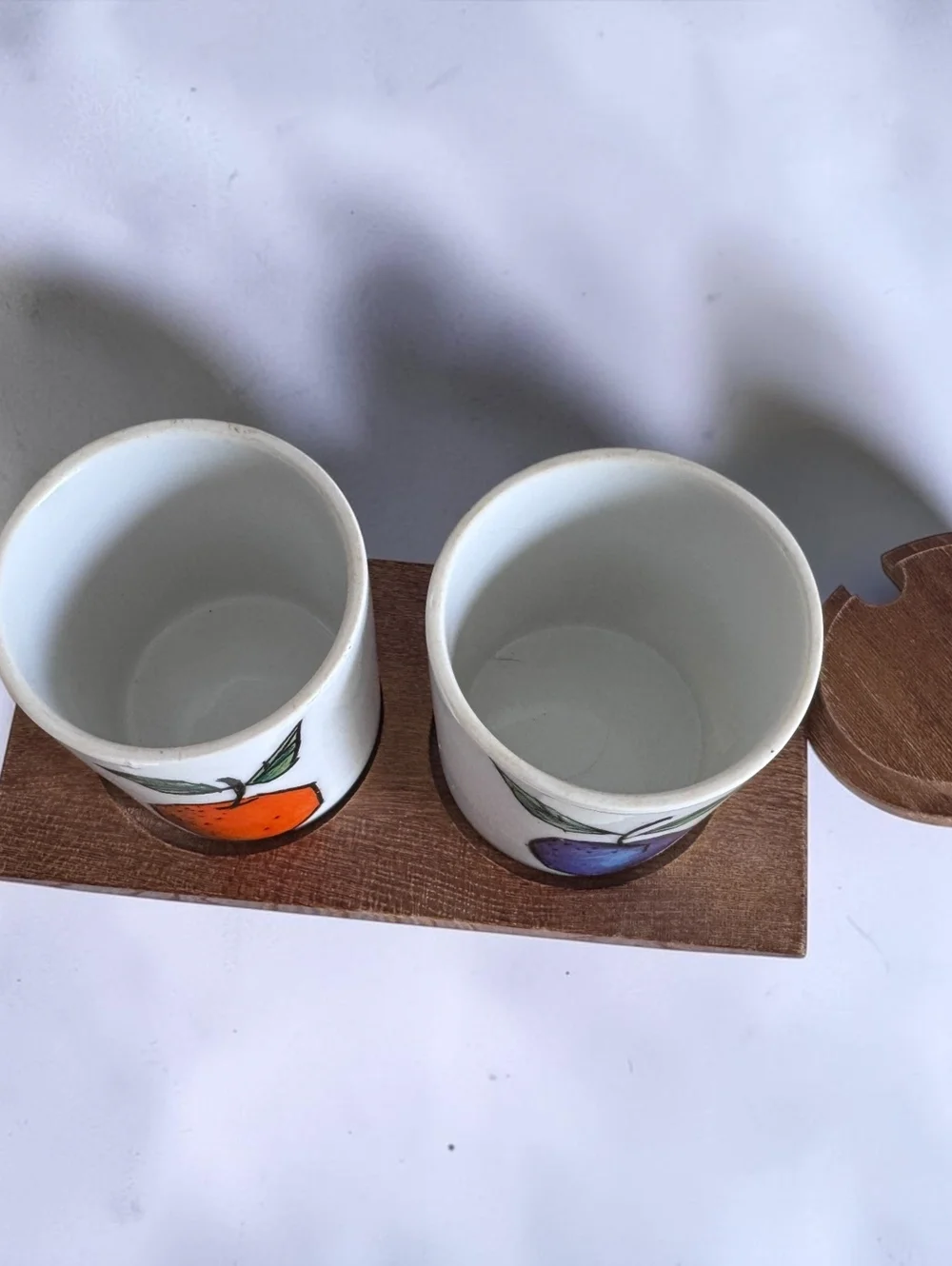 Vintage Japan Fruit Condiment Jars Set of 2 Ceramic Wood Lids & Holder MCM